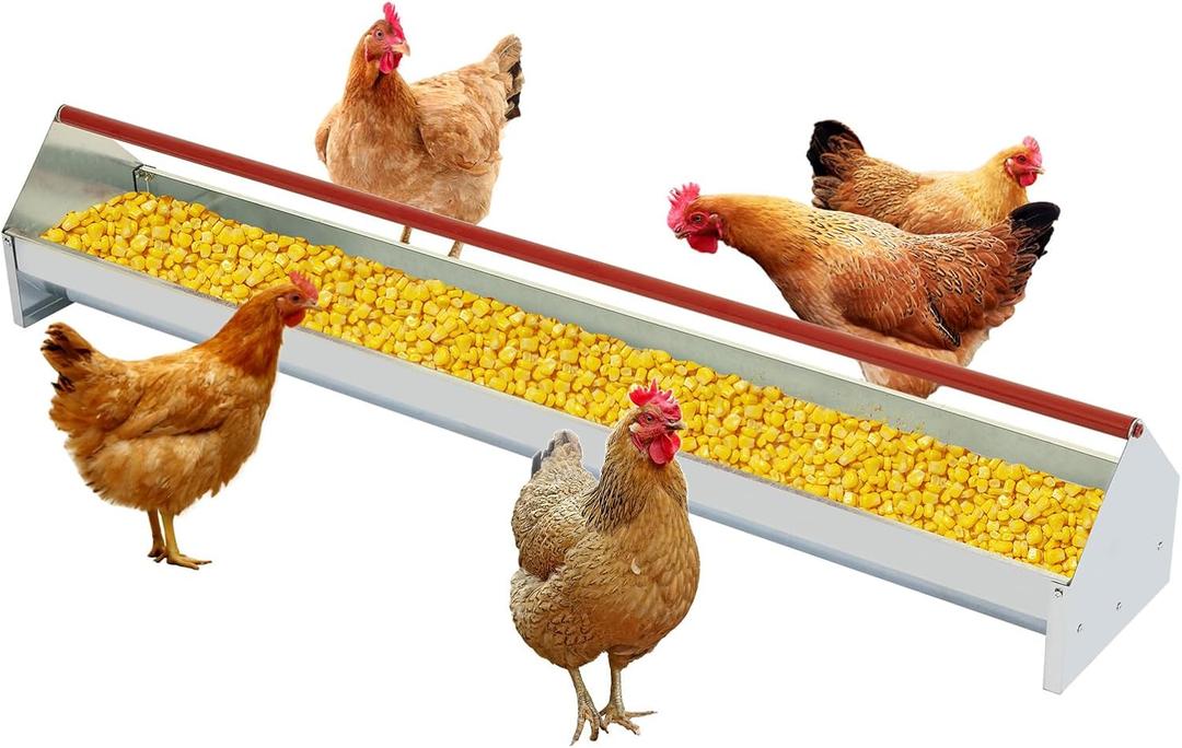 Chicken Feeding Trough 45", Heavy Duty Galvanized Steel Poultry Feeder with Red Crossbar & Drainage Holes, Large Capacity Feeder Trough for Chicken, Duck, Goose, Turkey, Rabbit, Pigeon