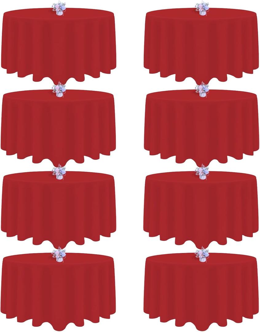 8 Pack Red Round Tablecloth 120 Inch Round Table Cloth, Wrinkle Resistant and Washable Tablecloth Polyester Fabric Table Cloth Round Cover for Dining Wedding Banquet Party