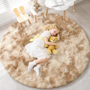 EVOIONOS Tie-Dye Camel Round Rug for Bedroom, 4x4 Ft Fluffy Soft Circle Area Rugs for Living Room, Plush Shaggy Circular Carpet for Indoor Floor Bedside Kids Nursery, Home Decor Aesthetic