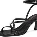 ISNOM Strappy Sandals for Women Kitten Heels Lace Up Heels Stiletto Heels Wrap Around Heels with Square Toe (8.5, Black)