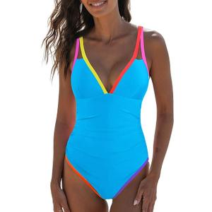 popvil Women's One Piece 2025 Tummy Control Swimsuits Neon Color Block Swimwear Deep V Neck Slimming Bathing Suit (X-Large, Black1)