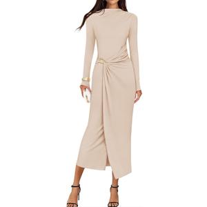Jesica Women's Fall Wedding Guest Cocktail Midi Dresses Elegant Long Sleeve Bodycon Ruched Dress 2026 Fashion Clothing, M 