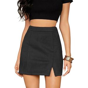 Women's High Waist Faux Suede Side Split Bodycon Short Mini Skirt (Medium, Black)
