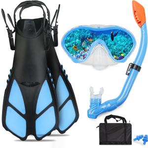 AosDero Kids Snorkeling Set with Flippers Panoramic Snorkel Mask Dry Top Snorkel Earplugs Gear Bag, Snorkeling Gear for Kids, Youth, Boys and Girls Age 5-12