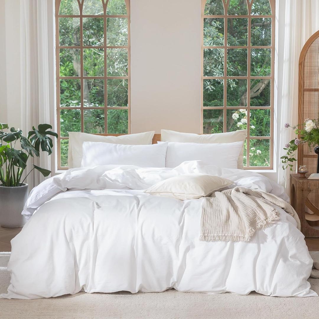 MooMee Bedding Duvet Cover Set 100% Washed Cotton Linen Like Textured Breathable Durable Soft Comfy (Solid Bright White, Cal King 104"x98")