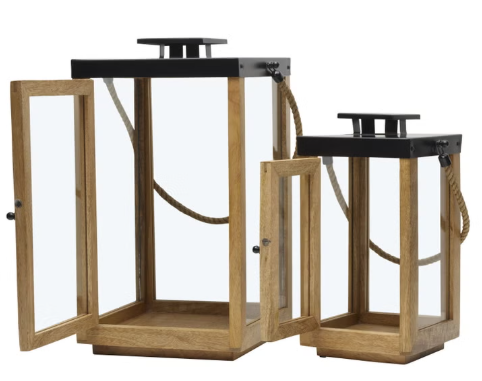 Mango Wood Lantern Set, 2-piece