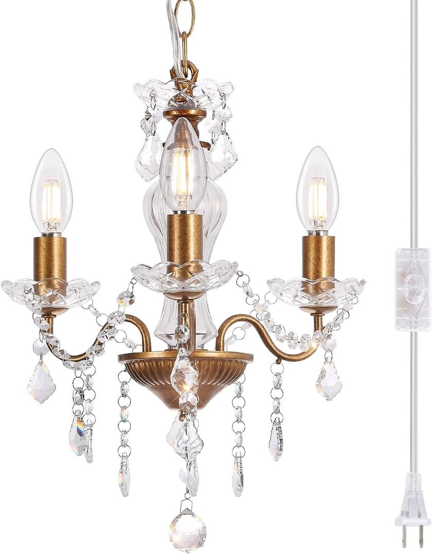 Plug in Chandelier with Glass Crystals, 3-Light Vintage Gold Miniature Crystal Chandelier, Modern Pendant Light for Small Spaces, Bedroom Kitchen Island Entryway Covered Patio, E12 Base