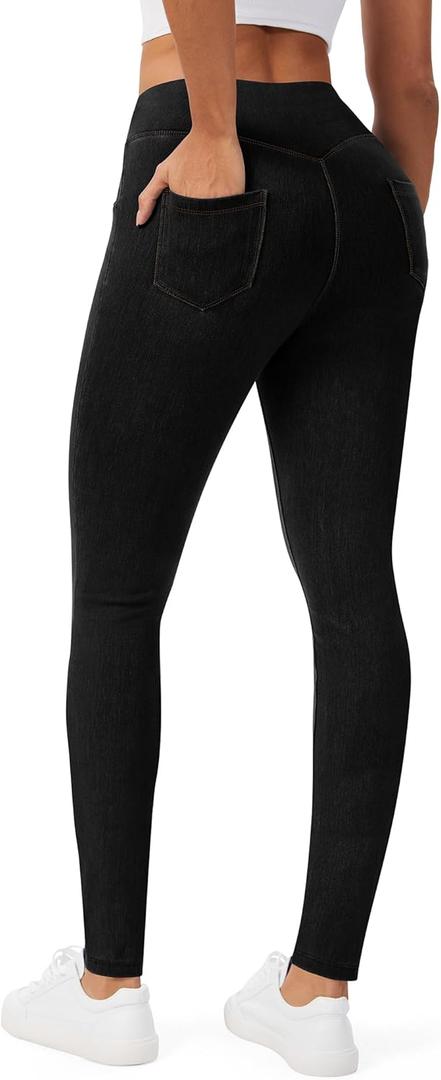 AVAMO Jeggings for Women Stretchy Skinny Jeans Denim Leggings with Pockets Pull on High Waist Tummy Control Trendy Jean (Small, Black)
