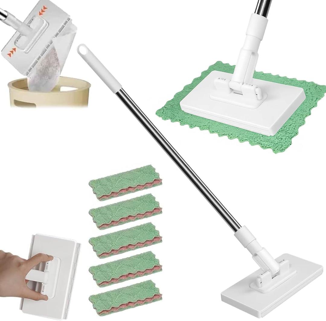 Disposable Dust Mop with 5 Reusable Cloths, 2026 Upgrade 39" Long Handle Wet and Dry Flat Mopping Sweeper Stick, No Wash Clip Mops with Locking Head, Retractable Gap Dust Cleaner for Wet & Dry