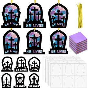 Chiisong 24 Sets Easter Religious Cross Crafts He Lives Religious Tissue Paper Sign Easter Crafts Kit Resurrection DIY Suncatcher Art Christian Ornaments Jesus Sunday Art