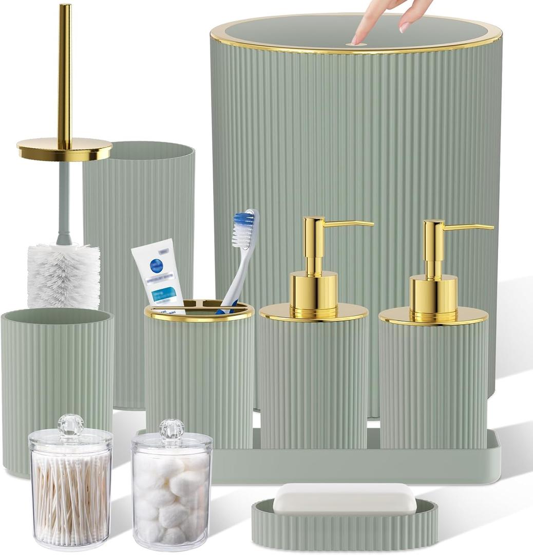 Sage Green Bathroom Accessories Set, 10PC Bathroom Set, Bath Accessory with Pop Up Trash Can, Soap Dispenser, Toilet Brush, Toothbrush Set Qtip Holders & Tray