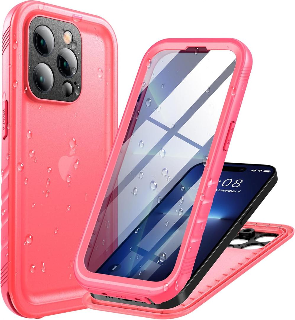 Cozycase Compatible with iPhone 14 Pro Waterproof Case - Full Body Shockproof Dustproof Dropproof Built in Screen Protector Rugged Waterproof Case for iPhone 14 Pro 6.1 Inch Pink