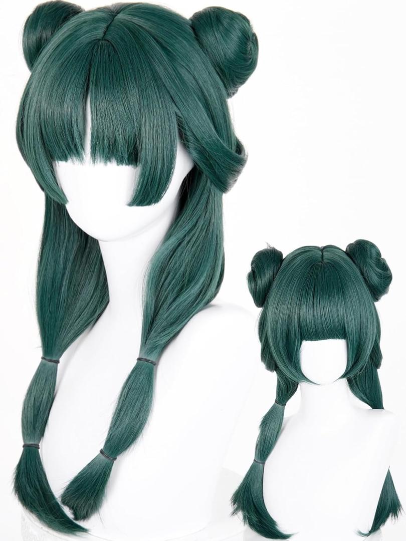 Half and Half Maomao Cosplay Wig with Double Buns & Bangs, 19'' Long Dark Green Anime Ponytails Wigs Pigtail Hair Wig for Women Girls Halloween Party Daily