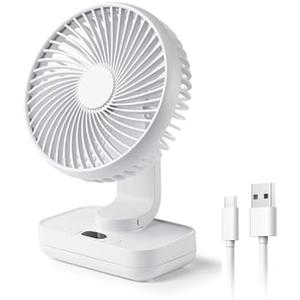 HIKALION Oscillating Small Desk Fan, with USB Rechargeable Battery, Ultra Quiet, 4 Speeds, 13-Hour Runtime, Wall-Mount Option, Quiet Fan, Home, Bedroom and Office, White