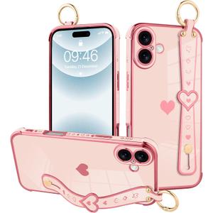 MOWIME for iPhone 16 Case with Strap, Cute Love Heart Pattern for Women Girls Soft Plating Bumper Anti-Scratch Protective Cover with Wrist Band Kickstand Holder, Pink