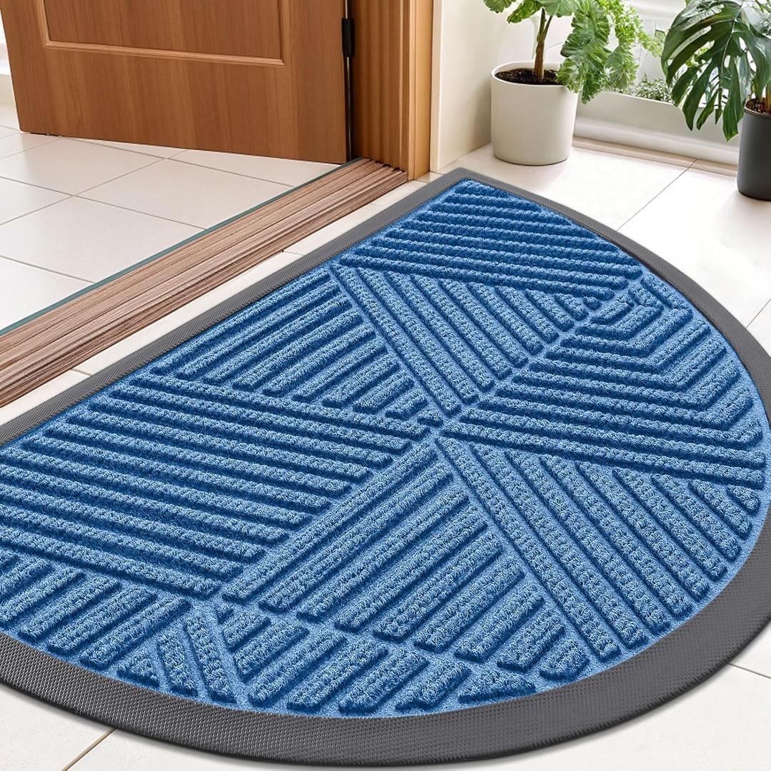 Smiry Half Circle Front Door Mat Outside Entrance, Heavy Duty Sturdy Natural Rubber Doormat, Trap Dirt and Moisture, Low Profile Mats for Indoor Outdoor Entry, Irregular Triangle (35x23, Blue)