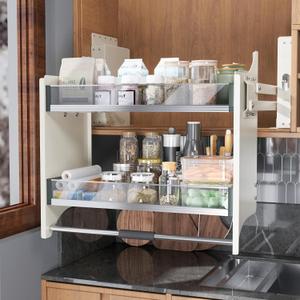 33.8~35.8'' Pull Down Shelf for Kitchen Upper Cabinet, Heavy Duty Cabinet Organizer, 2 Tier Kitchen Cabinet Pull Down Shelf Large Storage Space, White