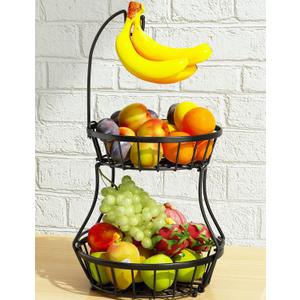 2-Tier Fruit Basket Bowl Stackable Vegetable Storage with Banana Tree Hanger Stand for Kitchen Countertop, Metal Wire Basket for Bread Onions Potatoes Black