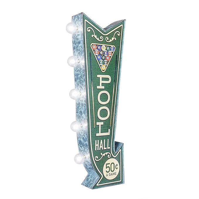 Pool Hall Billiards Double-Sided Marquee Sign With Vintage Print And LED Bulbs Retro Inspired Decor For The Home (25” x 3” x 8”)