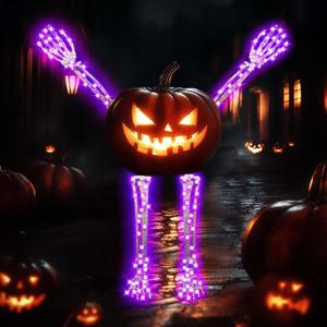 Set of 4 Pumpkin Skeleton Bones Arms and Legs with 8 Light Modes Realistic Halloween Movable Posable Bendable Skeleton Hands Joints Spooky Scary Horror Decoration Outdoor for Porch Yard 2 Arms 2 Legs