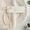 UNIQOOO 50-Pack Champagne Gold Bow Place Cards for Wedding Table Settings, Elegant Paper Name Tags for Seating Arrangement, Party Dinners, Bridal Showers, & Formal Events, 4x1.5-Inch Pre-Cut Tags