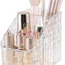 DASITON Makeup Brush Holder Organizer, 3 Slots Acrylic Makeup Brushes Storage Cup, Woven Texture Make Up Brush Holder for Vanity Bathroom Office, Pen Holder for Desk, Cosmetic Display Cases (Clear M)