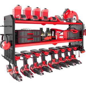 KAFAHOM Power Tool Organizer, Large 8 Drill Holder Wall Mount with 2 Side Pegboards, Heavy Duty Metal Tool Shelf with 12 Hooks, Storage Rack for Garage Organization, Utility Battery Shelves - Red