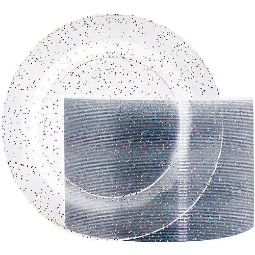Liacere 100Pieces Colored Glitter Plastic Plates- Clear- Dessert Plates -7.5inch Glitter Plastic Dinner Plate Perfect for Wedding & Party & Birthday & Christmas & New Year
