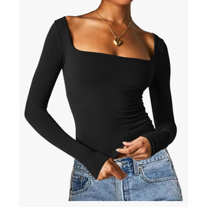 Beumissy Women's Sexy Long Sleeve Square Neck Tops Slim Fitted Double Lined Basic Shirts Large Size