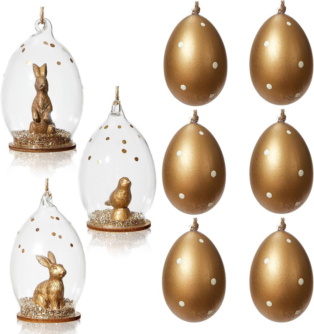 DN DECONATION 9Pcs Easter Hanging Ornaments Set, Gold Speckled Plastic Eggs & Glass Dome with Bunny Bird, Jute Hanging Rope for Tree Home Table Decor, Luxury Spring Gift & Party Decorations