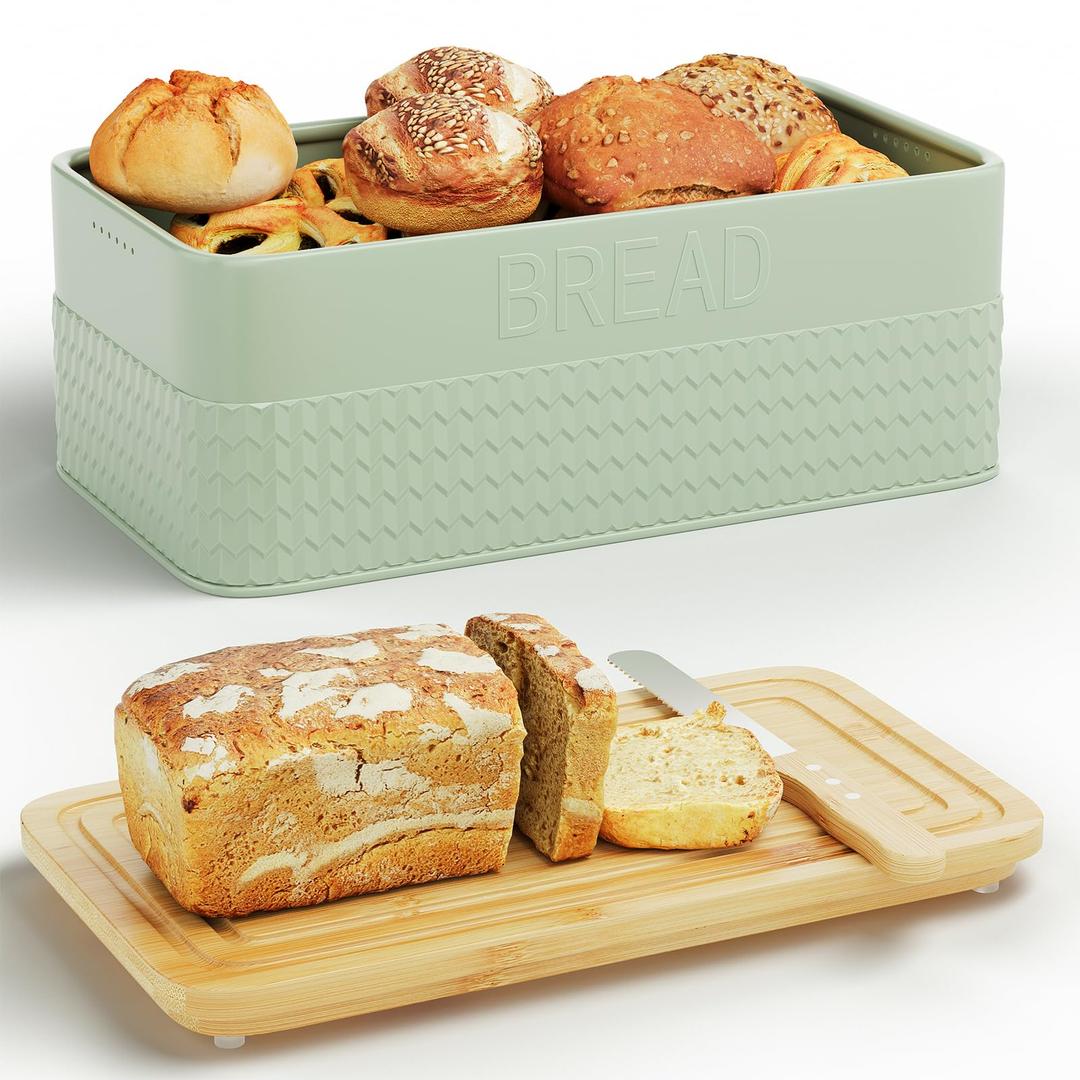 Bread Box for Kitchen Countertop,Metal Bread Storage Bin with Bamboo Cutting Board Lid, Includes Bread Knife, Fits Sourdough & Buns, Stylish Organize (Green)