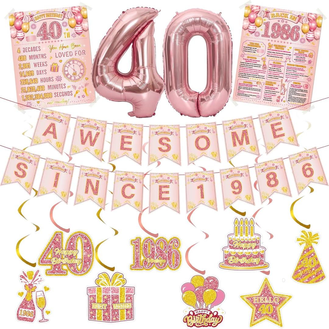40th Birthday Decorations Women Balloons - 14 Pcs Rose Gold Awesome Since 1986 Theme With 40 Number Foil Balloon Pre-Strung Banner Hanging Swirls Vintage 1986 Poster For 40 Year Old Party Supplies