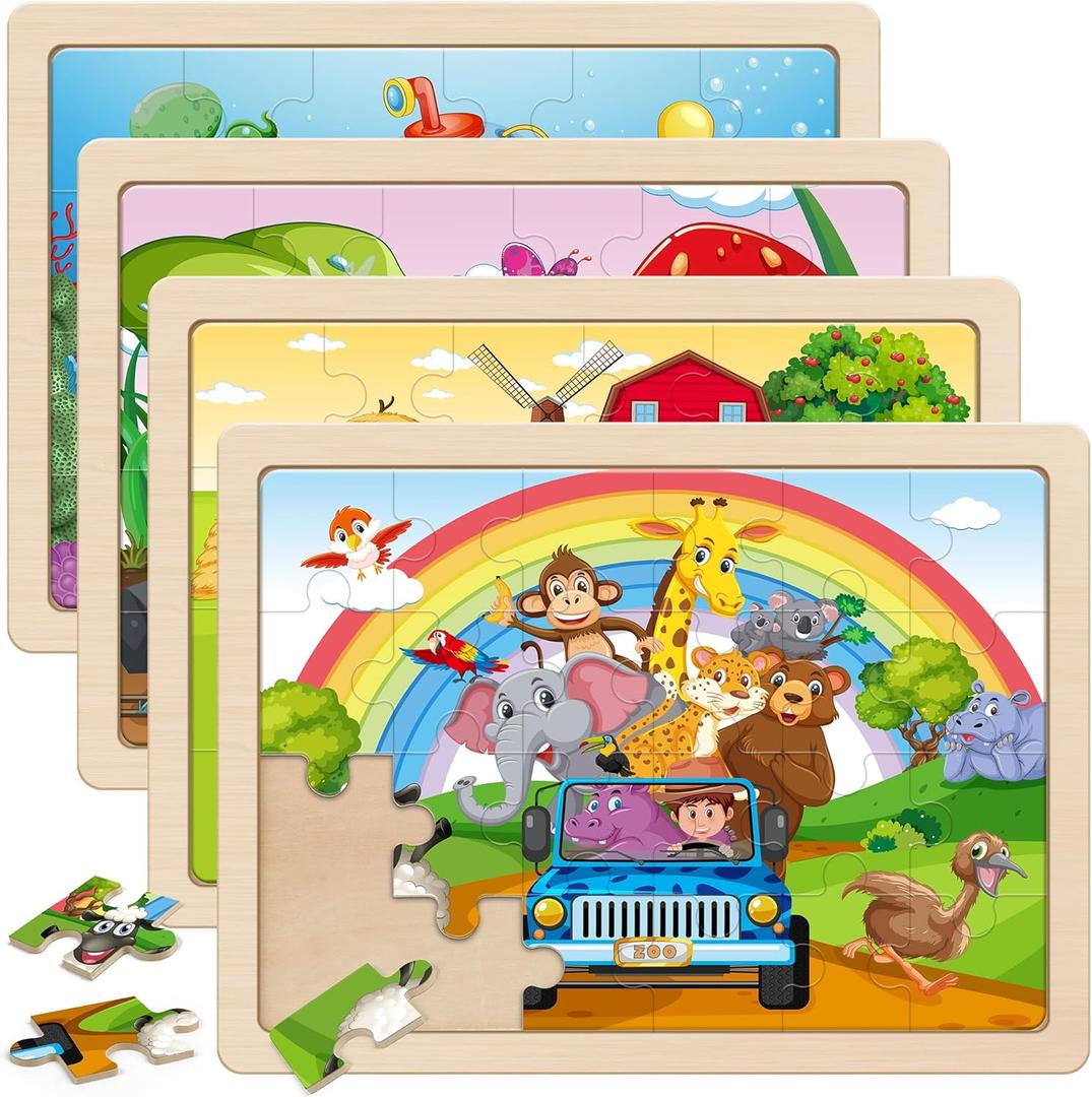 SYNARRY Large Animals Wooden Puzzles for Kids 4 in 1 Gift Box(12.2 * 9.4 in), Jigsaw Puzzles for Toddlers 3-5, Puzzles for Kids Ages 4-6, Easter Basket Stuffers Gifts Toys for Kids