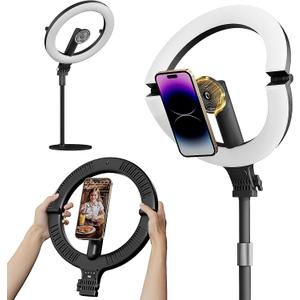 10" Magnetic Ring Light Overhead Camera Phone Mount, XINBAOHONG LED Selfie Light with Stand and Phone Holder, Rechargeable Desk Light for Video RecordingStanding