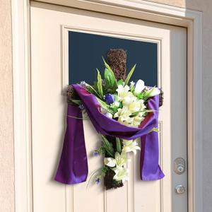 Zeyune Easter Front Door Wreath Large He is Risen Cross Wreath Natural Grapevine Cross Hanging Sign Christian Lily Wreaths Jesus Hanger Decoration Gift for Home Porch Spring Farmhouse Party