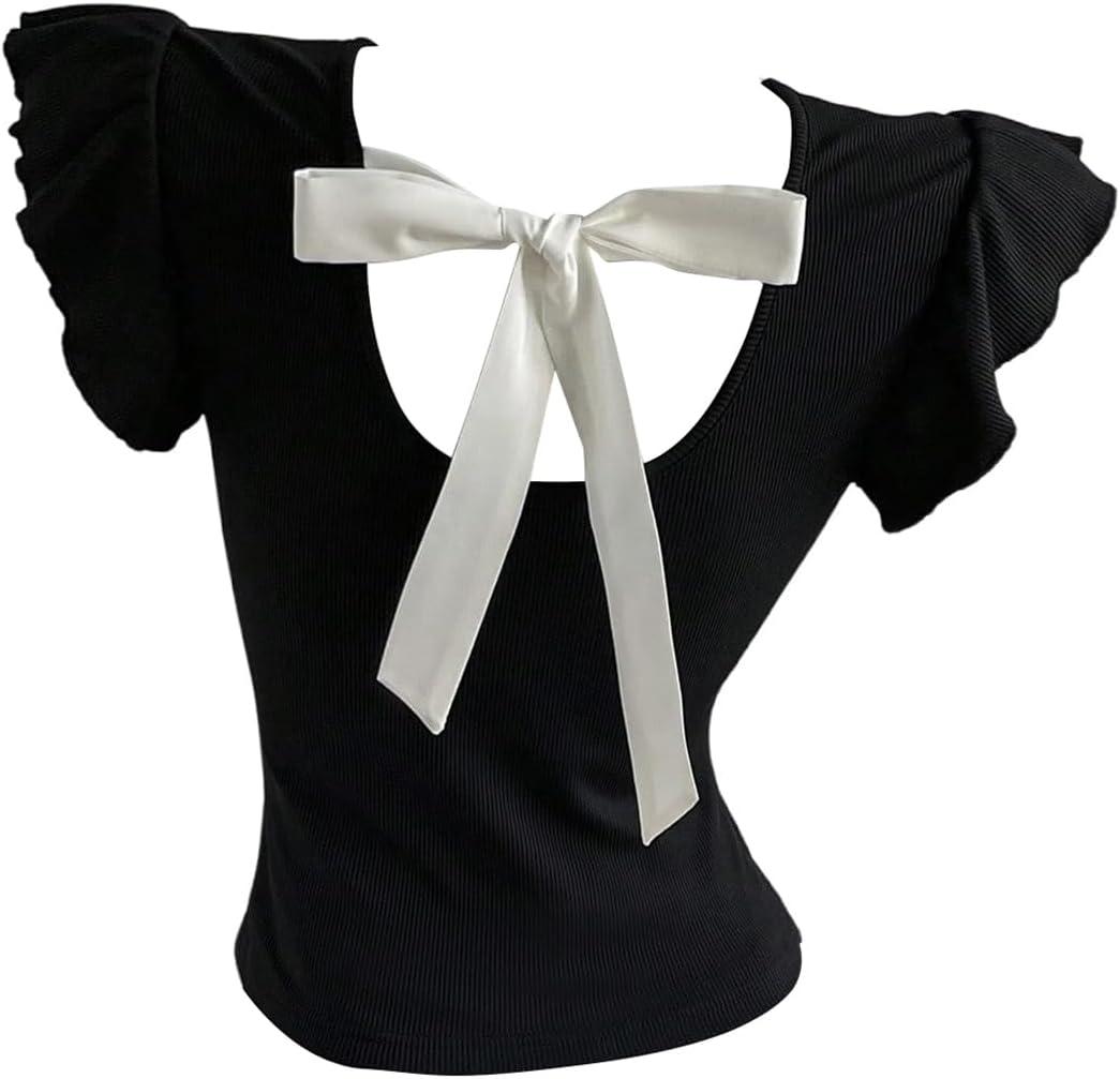 SweatyRocks Women's Ruffle Cap Sleeve T Shirts Bow Tie Back Crew Neck Slim Fitted Tops (Black, S)