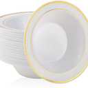 JOLLY PARTY 100PCS Plastic Bowls with Gold Rim-12oz disposable Soup Bowls, Christmas Thanksgiving Premium Dessert Salad Bowls for Wedding/Party