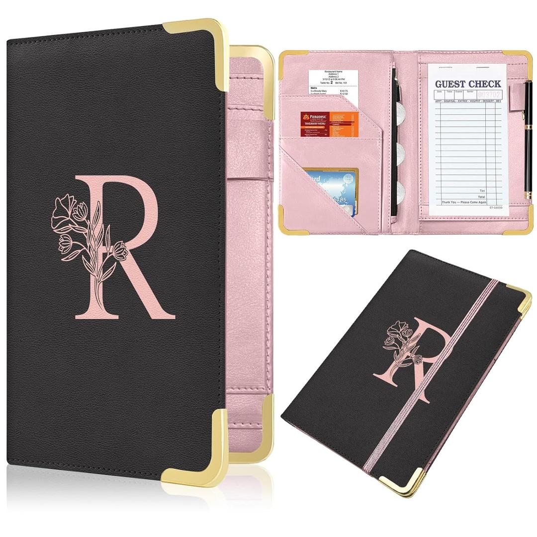 Server Book, Alphabet Waitress Book for Waitress, Leather Waitess Book with Zipper Pocket, Server Manual Checkbook Fits Server Apron (R)