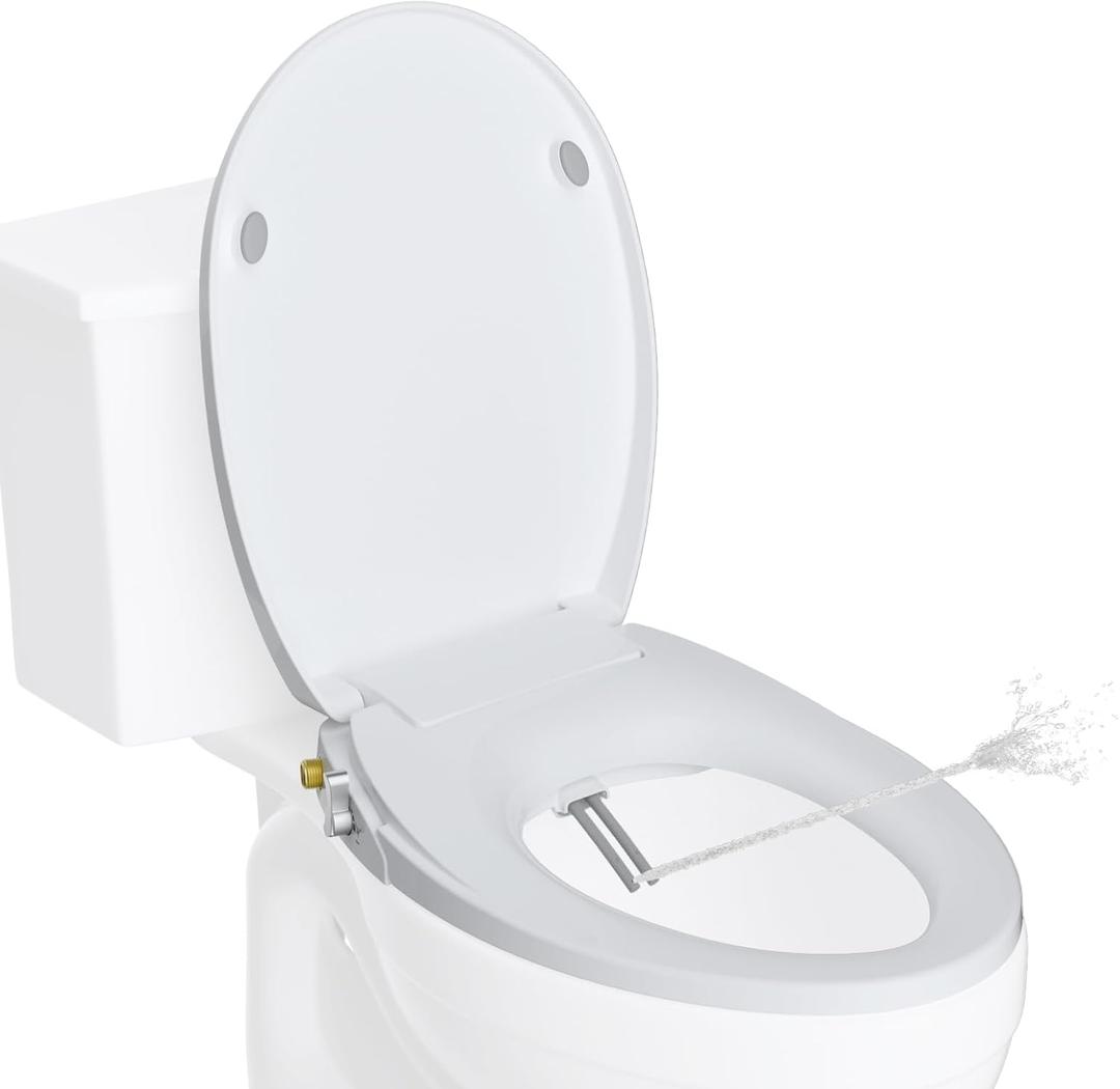 Hibbent Round Bidet Toilet Seat with Slow Close, Non-Electric Bidet Attachment for Toilet Seat with Dual Nozzle, Bidet Sprayer with Adjustable Self-Cleaning Nozzles, Brass T Adapter