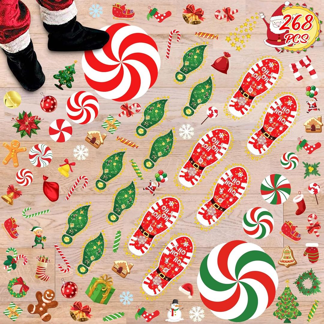 268PCS Christmas Peppermint Floor Clings Footprints Decorations - Santa Claus/Elf/Candy/Snowman Decals Xmas Party Decor Supplies