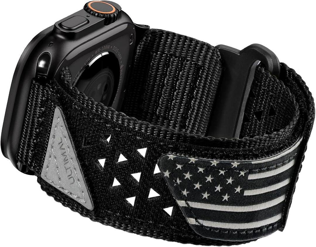 ULTIMAL Compatible witch Apple Watch Ultra 3/2/1 Series 11/10/9/8/7/6/5/4/SE/SE2/SE3,Nylon velcro Stars-Stripes Flag Woven Strap for men 49mm 46mm 45mm 44mm (L,Black USA Flag)