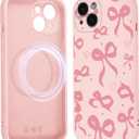 Cute Coquette Bow Heart Phone Case for iPhone 14 Magnetic Case 6.1", Compatible with Magsafe, Aesthetic Ribbon Bowknot Pattern Cover Soft Liquid Silicone Protection Women Girls Funda, Pink