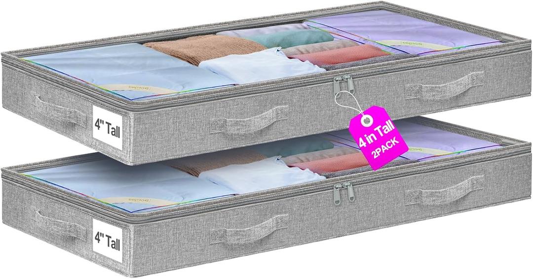 punemi 4 inches Under Bed Storage Containers, Low Profile Underbed Storage, NO STRUCTURE, Soft Foldable Underbed Cloth Storage Bags, Zipper Blanket Storage Container, 2Pack, Grey, 20x40x3.7in