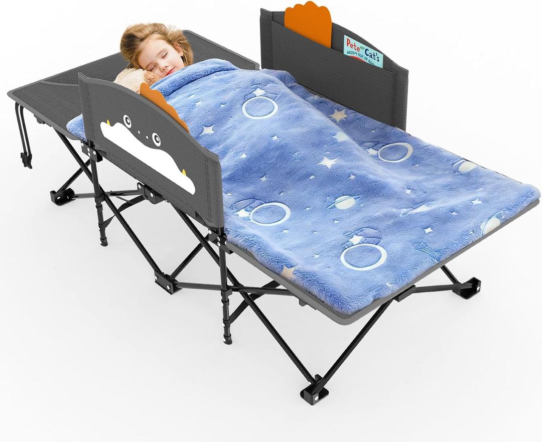 Slendor Toddle Cot, Toddler Portable Bed w/Cartoon Handrail, Blanket (5ft x 4ft), Folding Toddler Cots for Camping, Travel Bed, Extra Long Cot Length 56", Support 330 Lbs, Gray