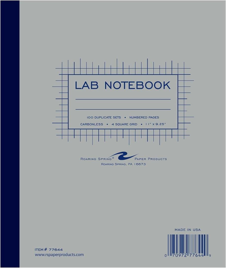 Roaring Spring 4x4 Graph Ruled Lab Book with Numbered Carbonless Sets, 11" x 9.25" 100 Sets, White/Blue Pages