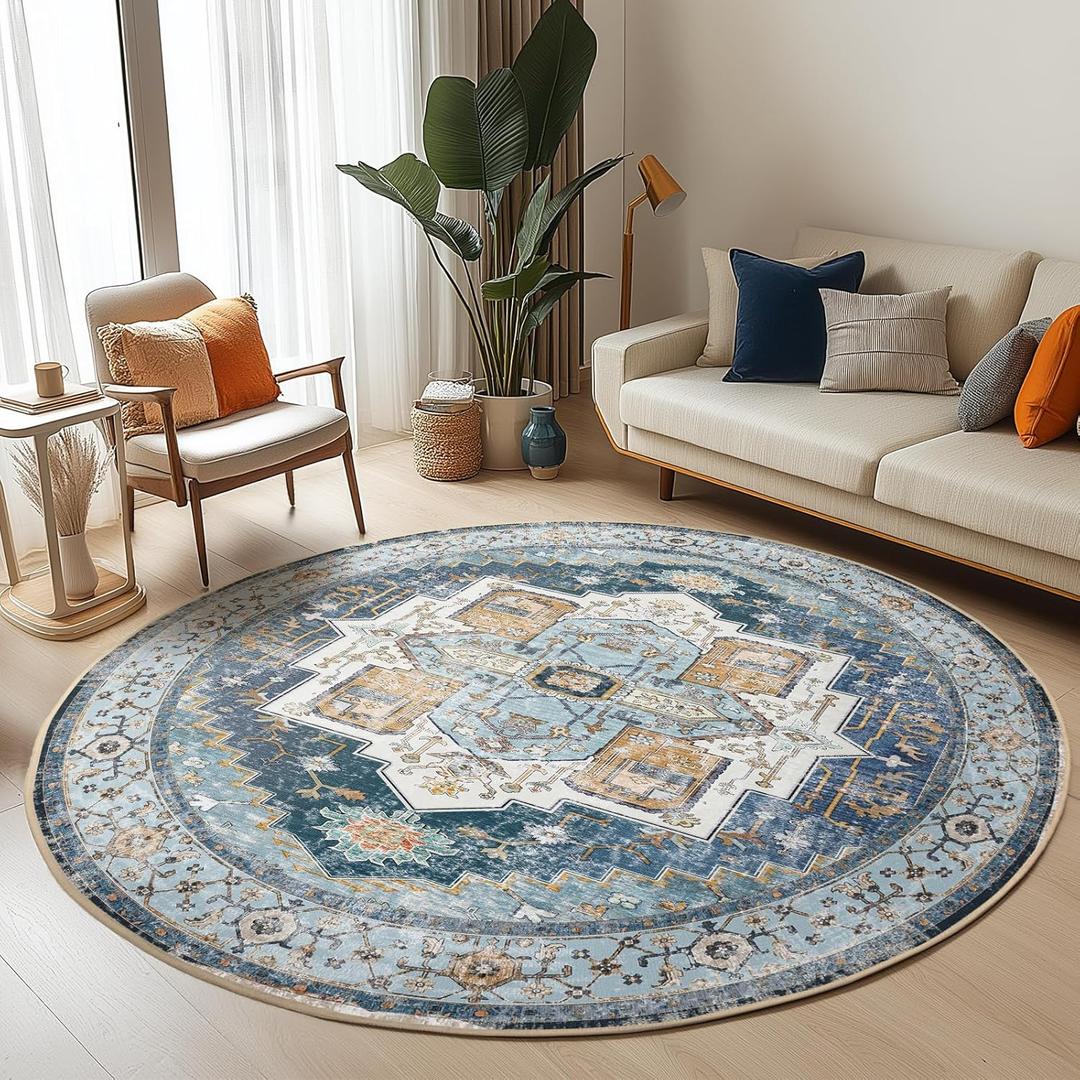 Washable 6ft Area Rugs, Rugs for Living Room, Low-Pile Water&Stain Resistant Carpet Vintage Distressed Printed Non-Slip Carpet for Bedroom Bathroom Kitchen-Sky Blue
