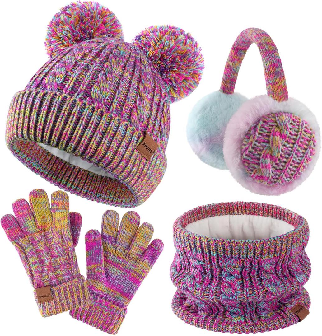 HONGTEYA Kids Winter Hat Gloves Scarf Set, Unisex Baby Kids Velvet Lined Neck Warmer With Earmuff for Boys Girls 3-15 (9-15 Years, Rainbow Mix)