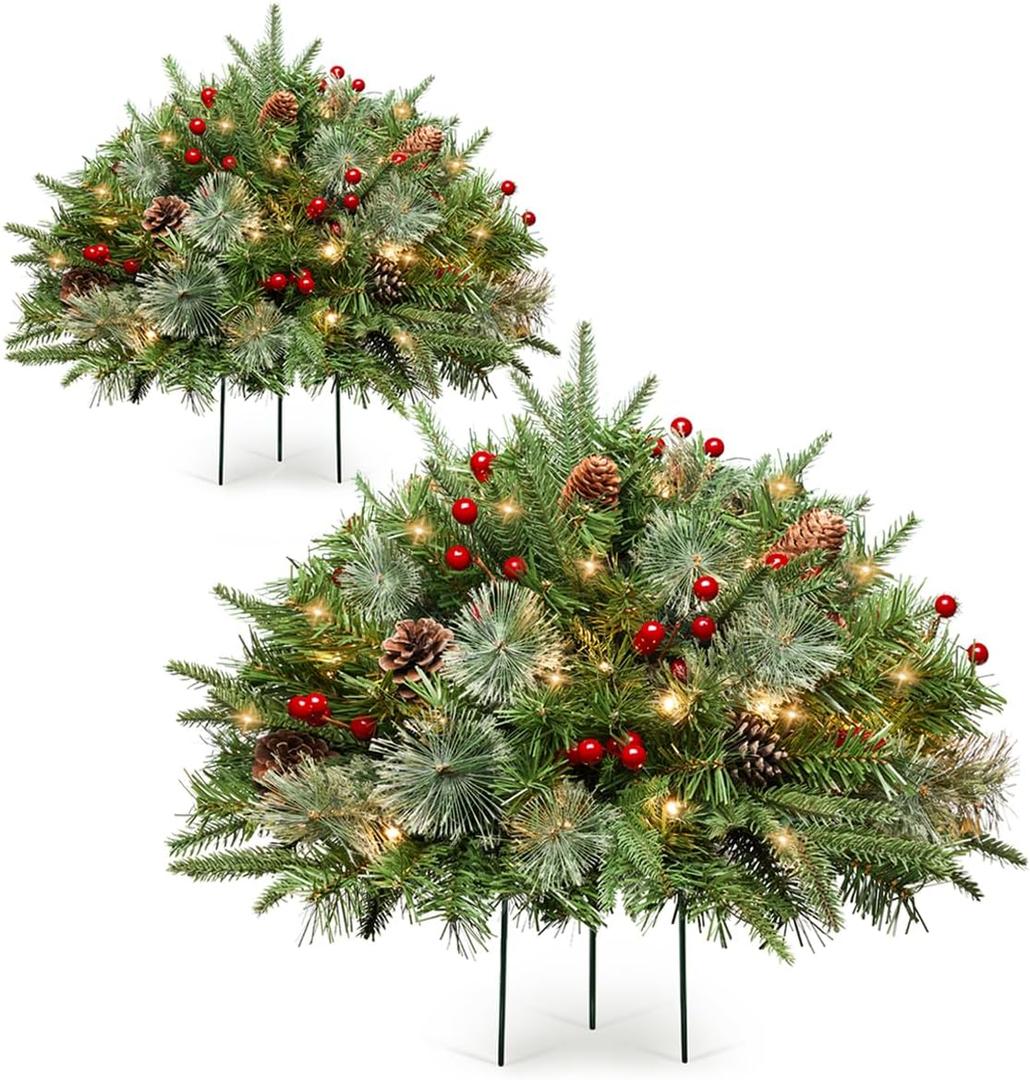 Somikis Set of 2 Outdoor Christmas Tree Urn Filler, Battery Operated Pre-lit Artificial Small Xmas Tree, w/LED Lights and Pine Cones & Red Berries, 22 Inch (1ft 10in)