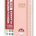 2026 Planner, Weekly and Monthly Planner, January 2026 - December 2026, Hardcover 2026 Calendar Planner Book with Tabs For Women & Men, Inner Pocket, Spiral Bound, Perfect for Office Home School Supplies - A4 (8.5" x 11"), Pink