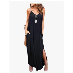 HUSKARY Women's Summer Casual Sleeveless V Neck Strappy Split Loose Dress Beach Cover Up Long Cami Maxi Dresses with Pocket,M
